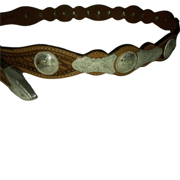 Tony Lama Western Belt Womens 30 Brown Excellent Tooled Leather Silver Concho‎ main image 8